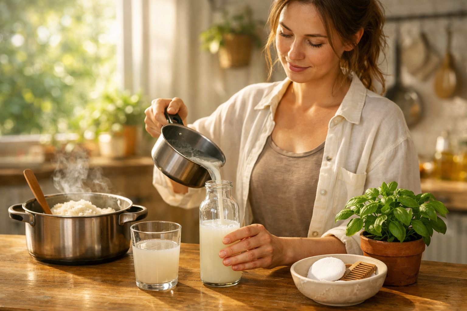Mulher a despejar bebida branca numa garrafa na cozinha com panela, copo e plantas na mesa.