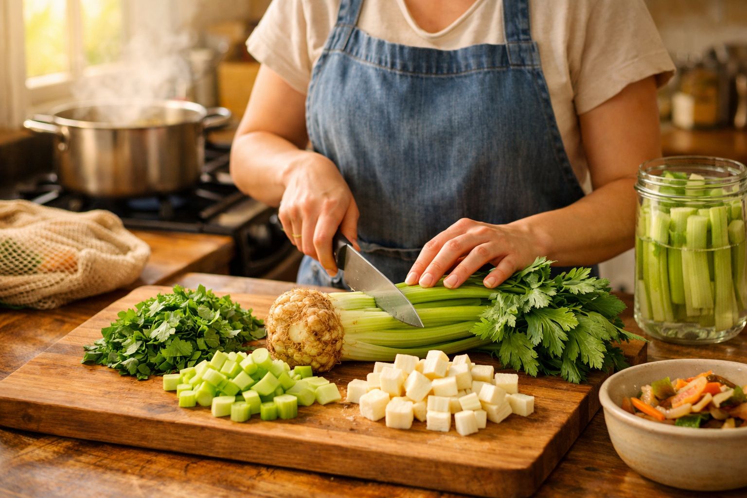 Pessoa a cortar aipo numa tábua de madeira com outros legumes já cortados e panela a cozinhar ao fundo.