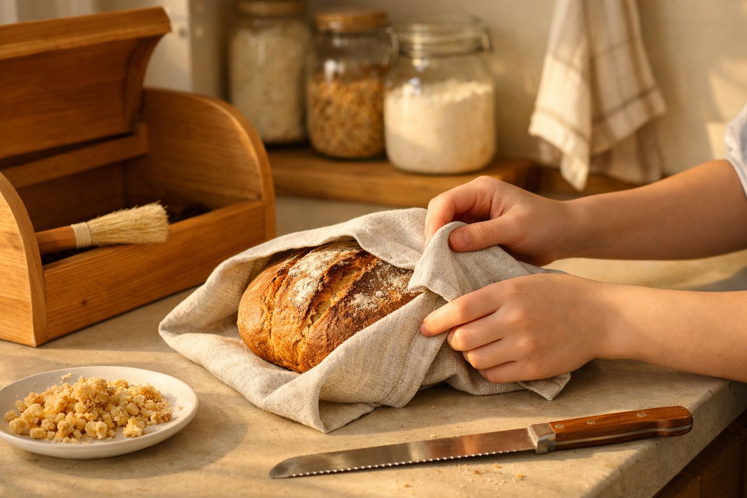 Pão artesanal acabado de cozer a ser embrulhado em pano numa cozinha rústica com utensílios ao redor.