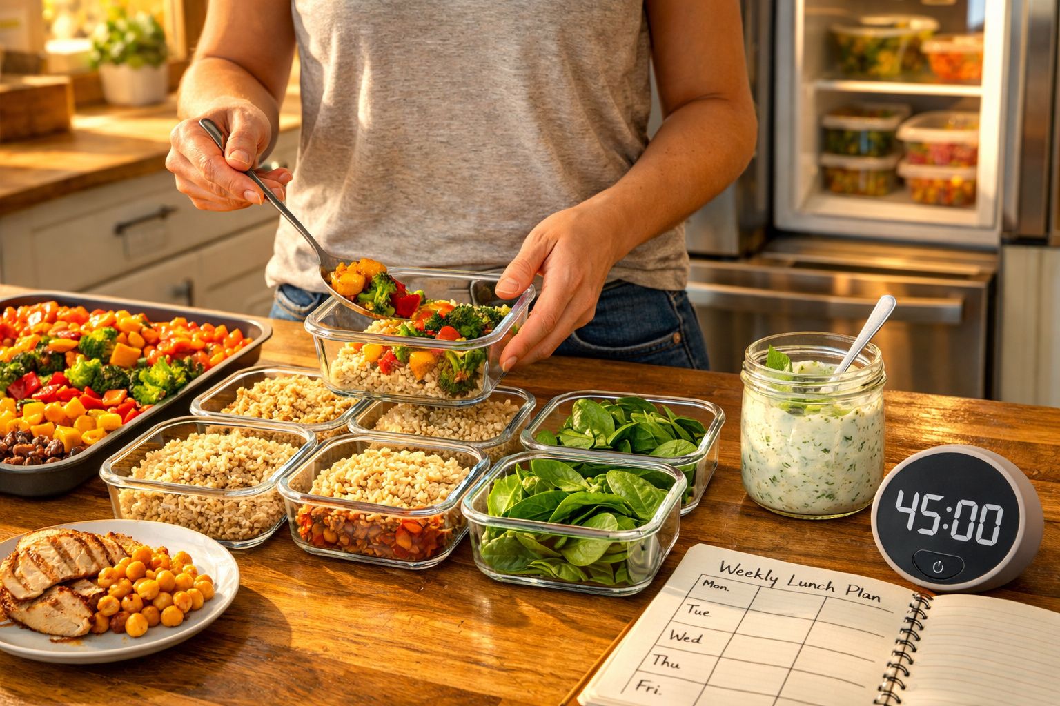 Pessoa a preparar marmitas com legumes, arroz e espinafres na cozinha, com plano semanal e temporizador na mesa.