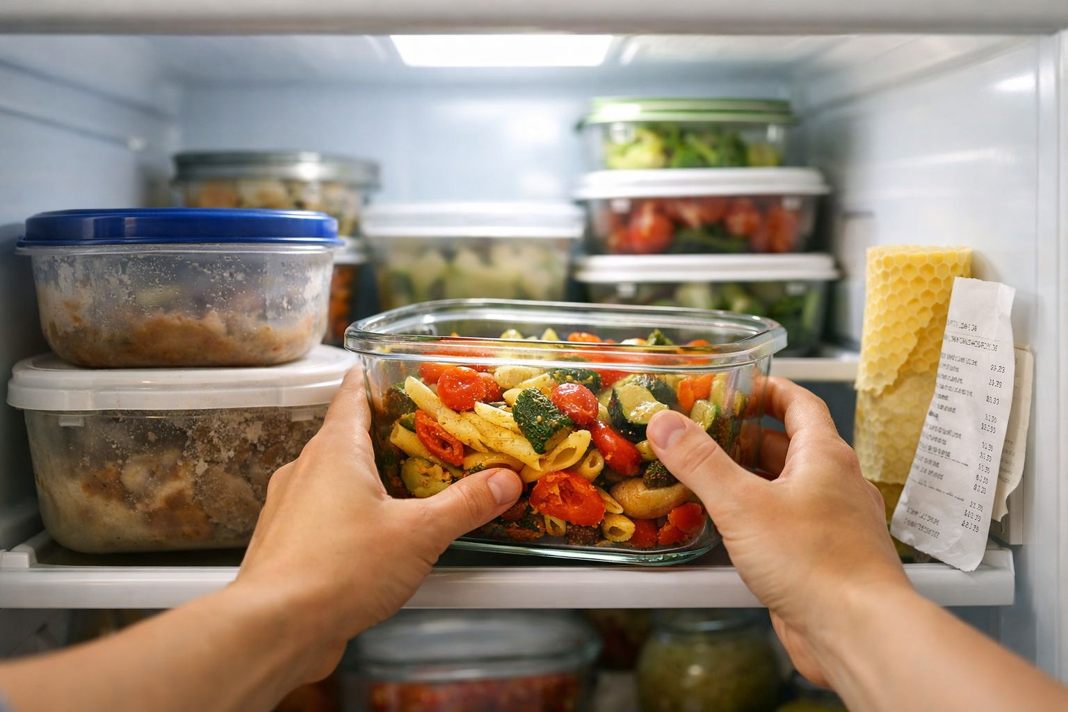 Mãos a colocar ou retirar recipiente de vidro com comida pronta recheada de legumes no frigorífico.
