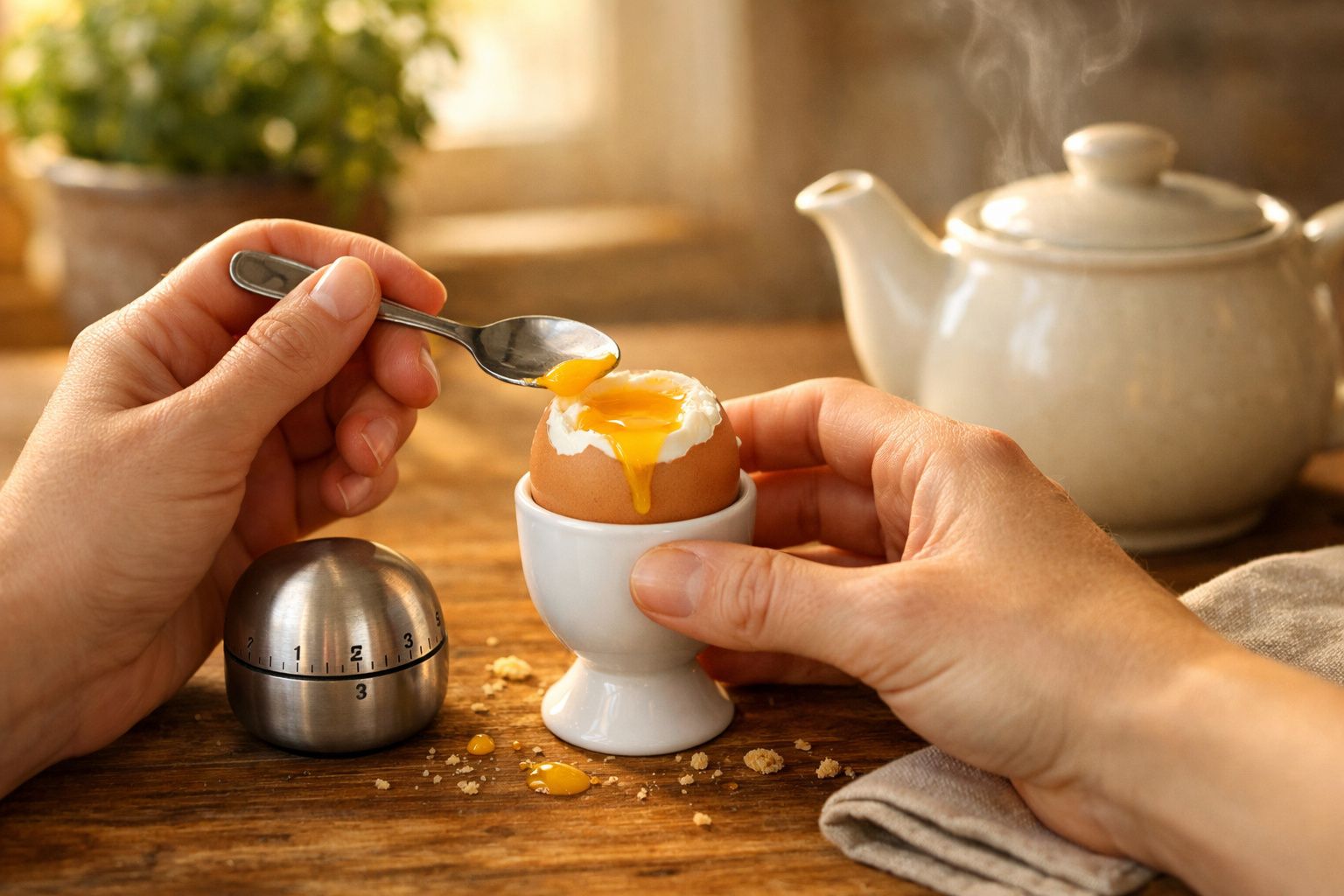 Pessoa segurando ovo quente no suporte enquanto usa colher para retirar gema amarela líquida.