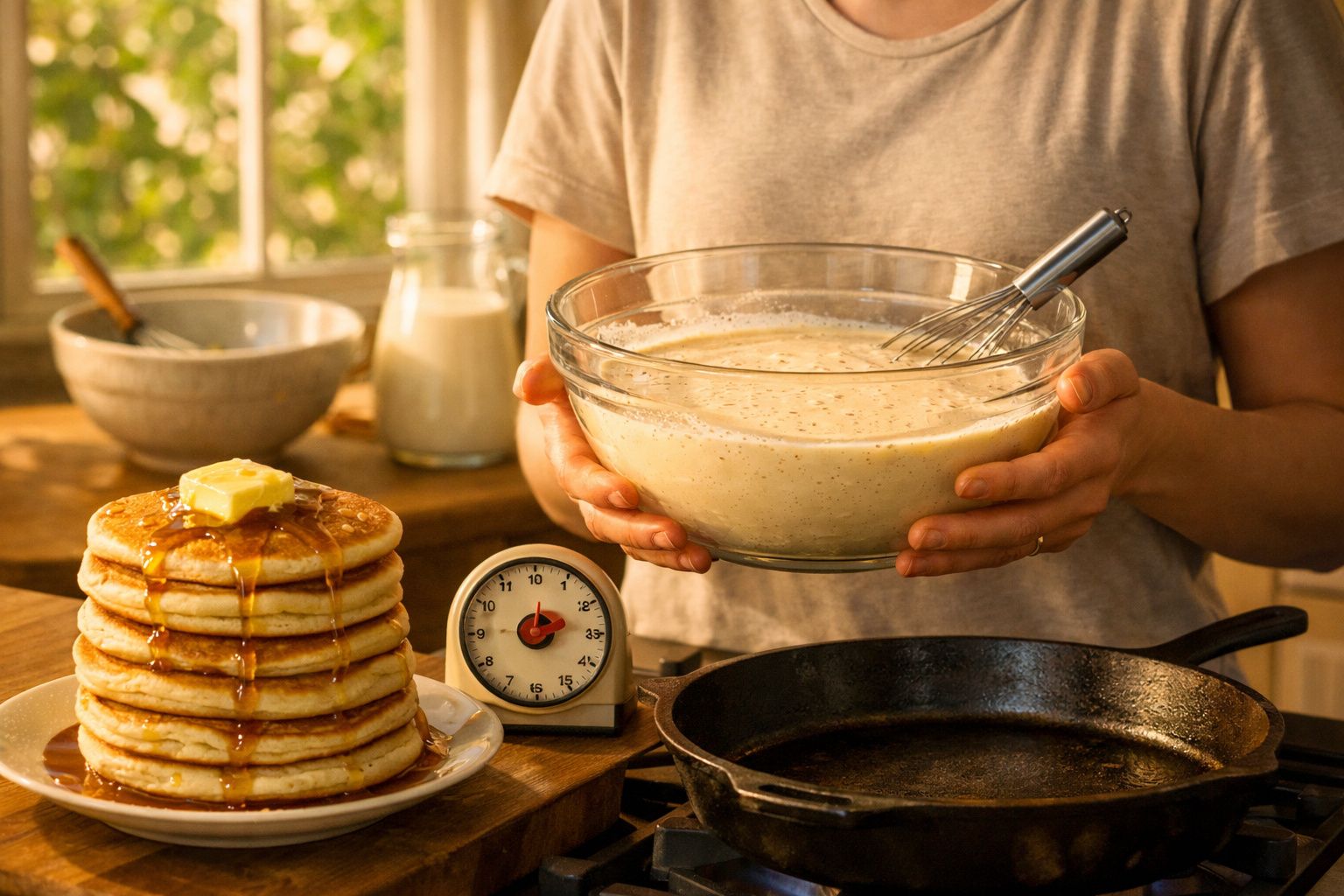 Pessoa a segurar uma tigela com massa para panquecas, com pilha de panquecas e frigideira ao fundo.