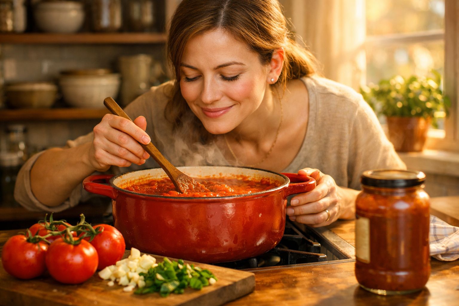 Mulher cheira e mexe molho de tomate numa panela vermelha na cozinha acolhedora e iluminada.