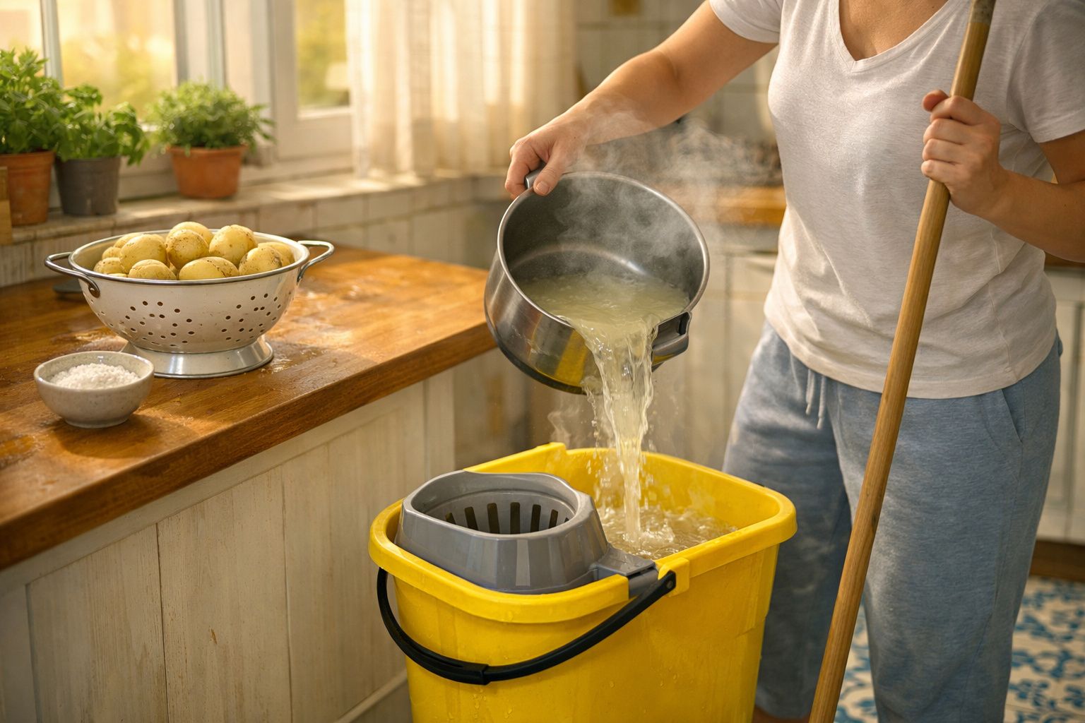 Pessoa a despejar água quente numa esfregona amarela numa cozinha com iluminação natural.