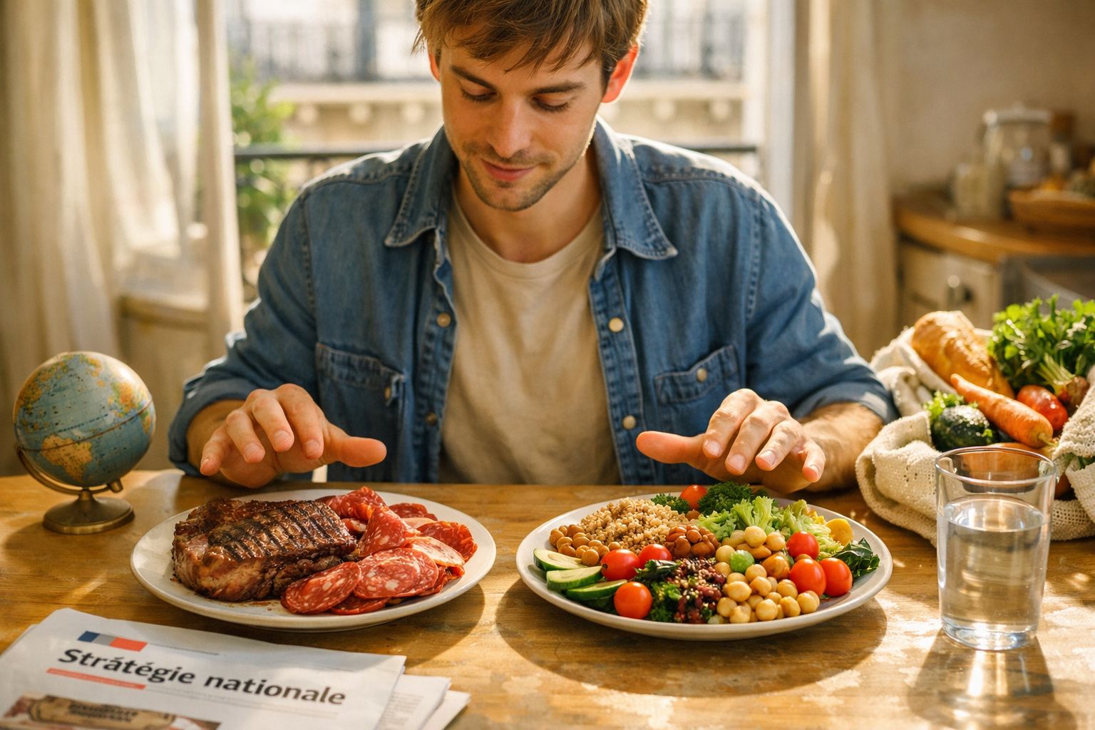 Homem sentado à mesa com dois pratos: um de carnes e outro com salada e leguminosas variadas.