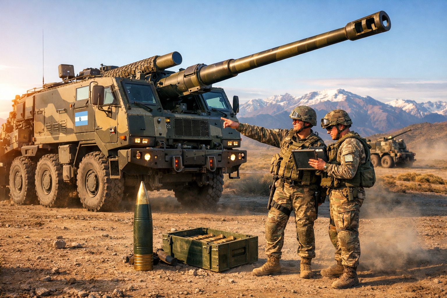 Dois soldados em uniforme de camuflagem com veículo militar e munições em ambiente desértico montanhoso ao pôr-do-sol.