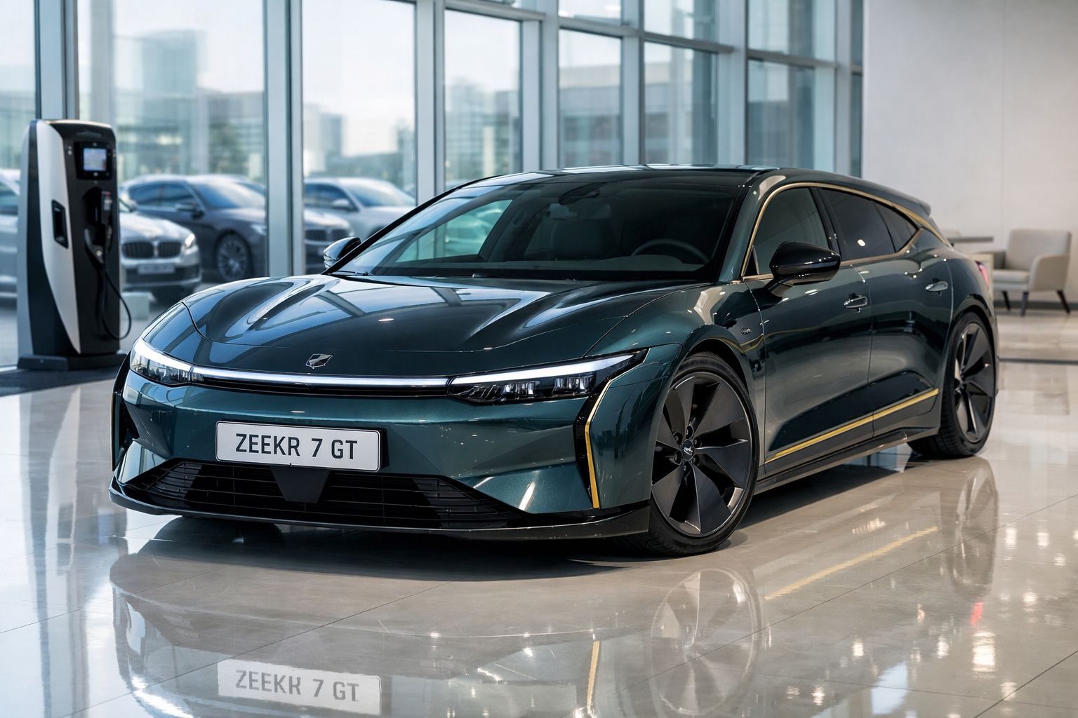 Carro elétrico Zeekr 7 GT verde escuro estacionado dentro de uma garagem moderna com carregador elétrico ao fundo.