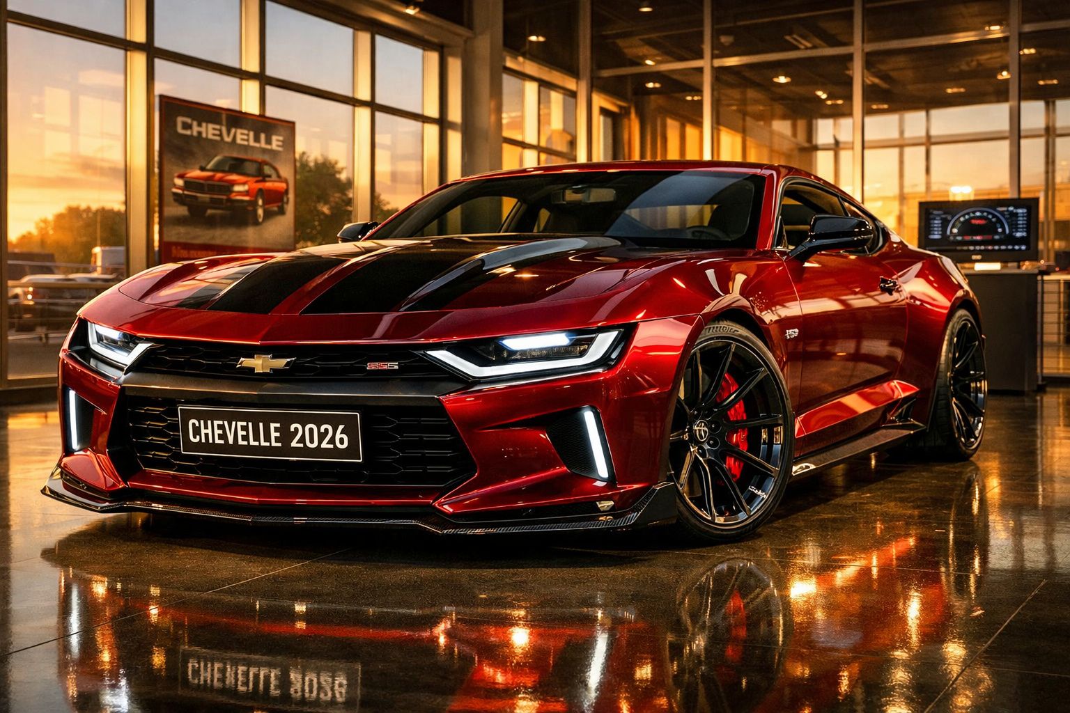 Carro desportivo Chevrolet Chevelle 2026 vermelho com riscas pretas num showroom iluminado ao pôr do sol.