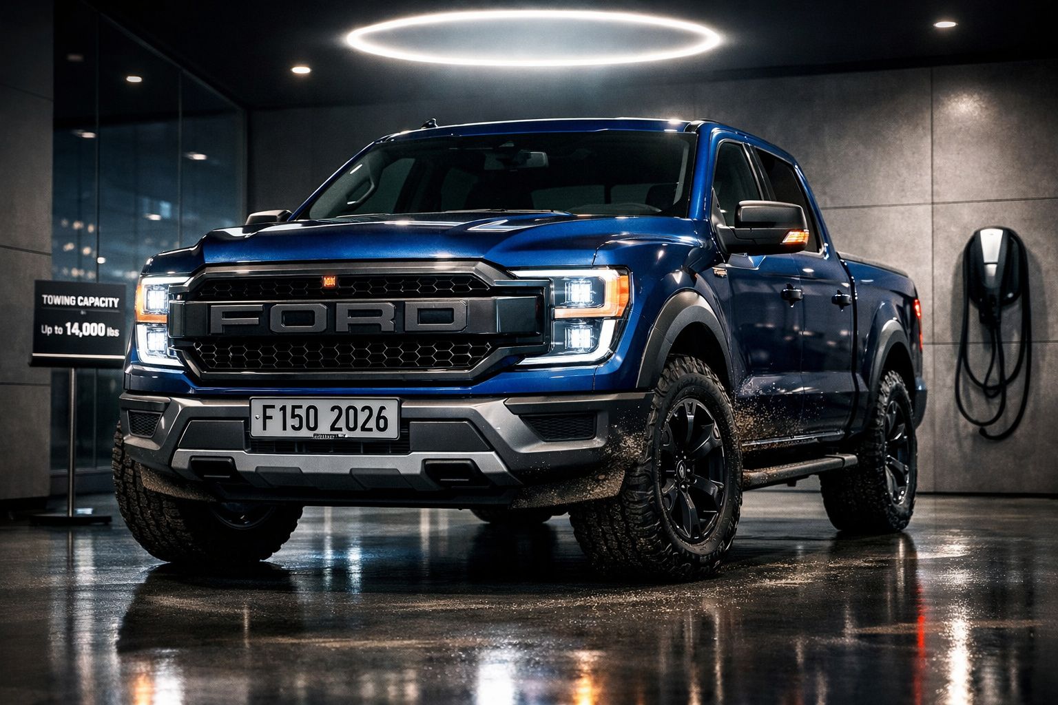 Pick-up Ford F-150 azul estacionada em garagem com pneus sujos e parede com carregador elétrico.