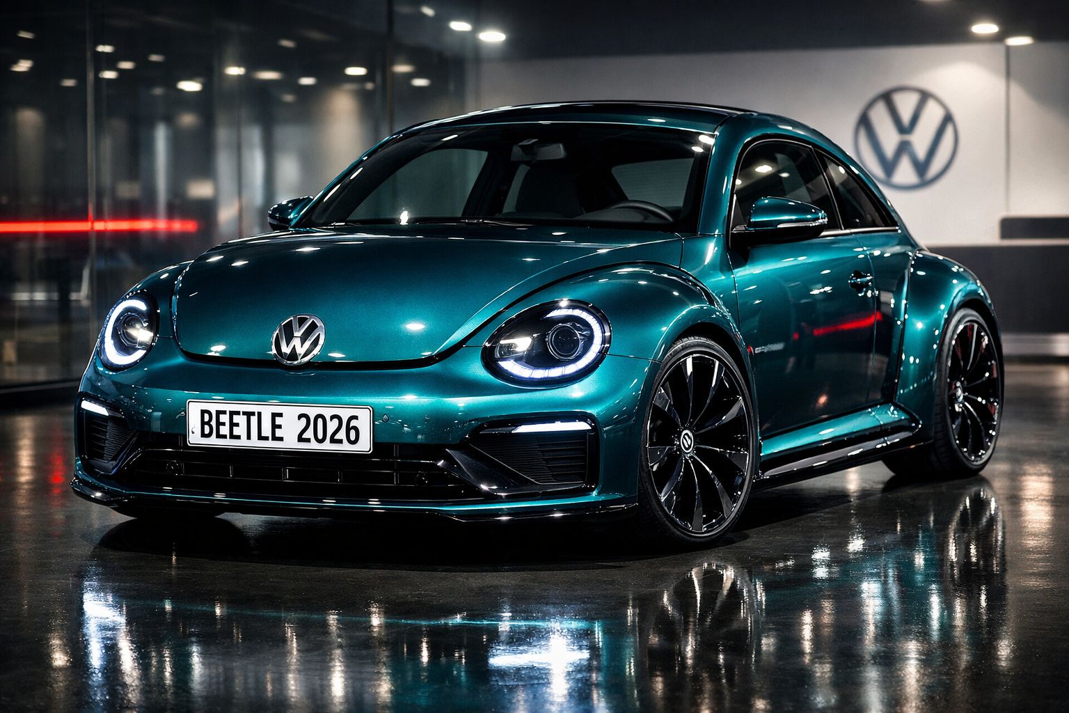 Carro Volkswagen Beetle 2026 azul metálico estacionado em piso molhado, com faróis dianteiros acesos.