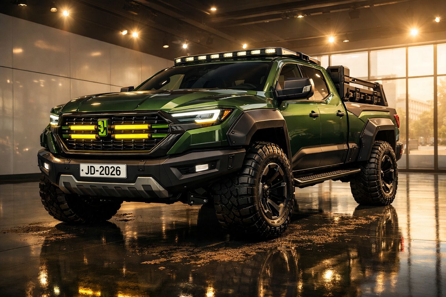 Carrinha pick-up verde militar robusta com grandes pneus, luzes LED e matrícula JD-2026 num ambiente interno iluminado.