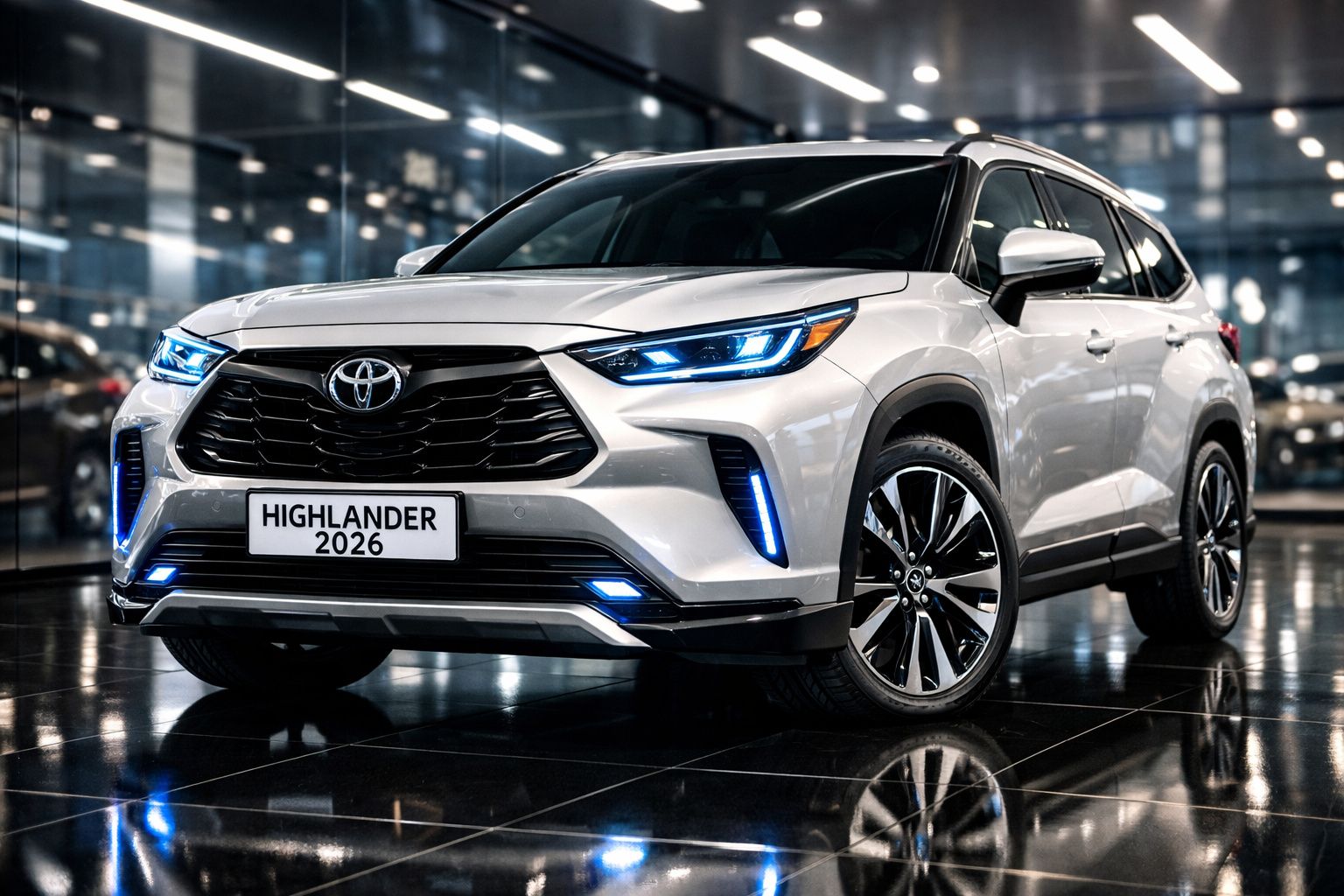 Carro Toyota Highlander 2026 branco com faróis LED ligados num showroom moderno e iluminado.