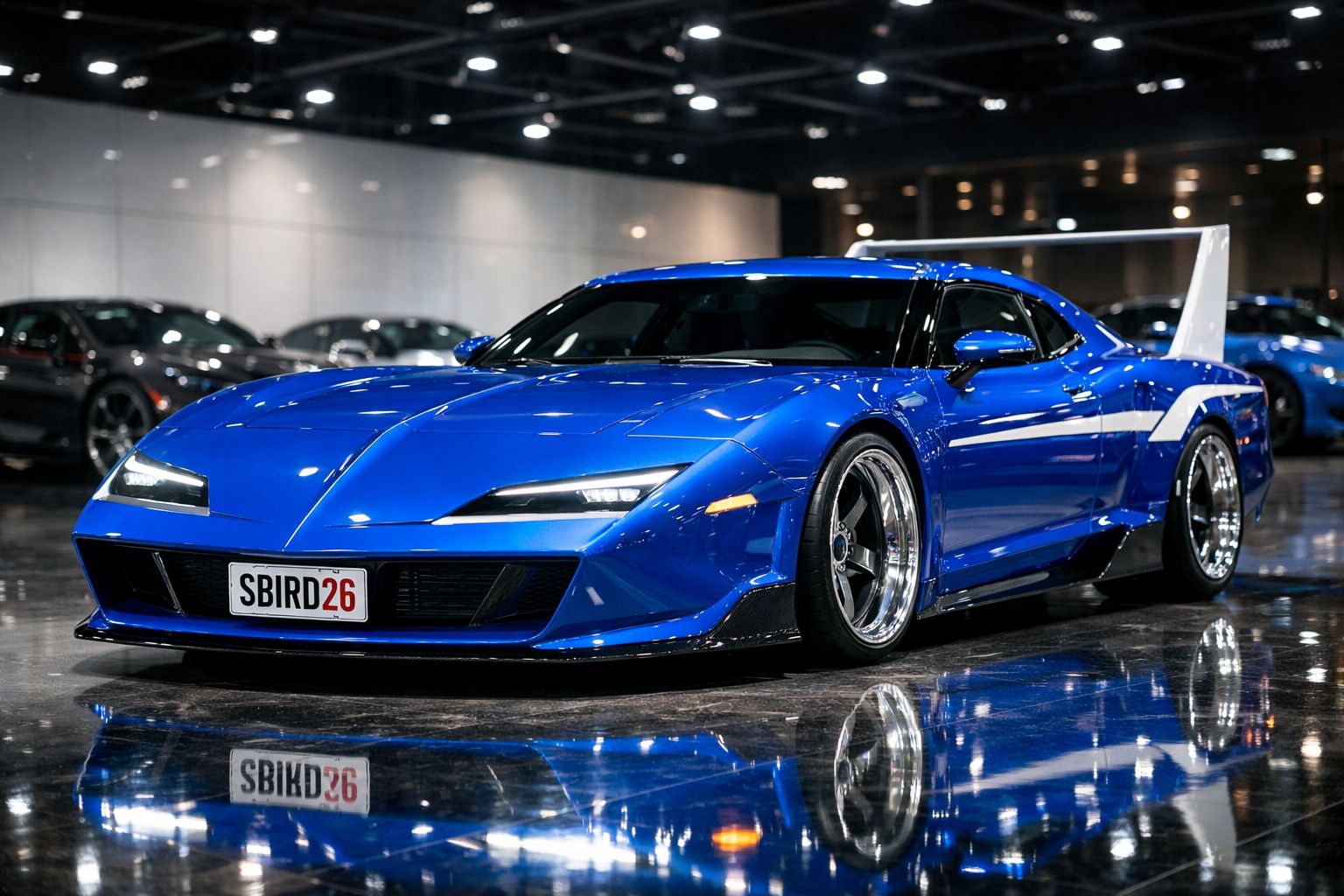 Carro desportivo azul elétrico com spoiler traseiro grande em exposição interior com chão refletor.