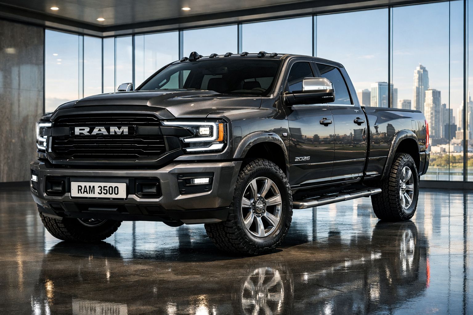 Picape RAM 3500 cinza escuro estacionada em piso refletor, com vista de edifícios atrás das janelas de vidro.