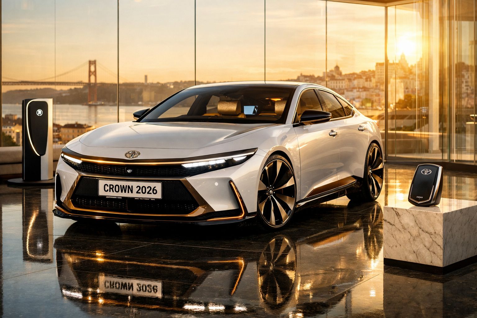Carro elétrico Toyota Crown 2026 branco estacionado em ambiente moderno com vista para ponte e cidade ao pôr do sol.