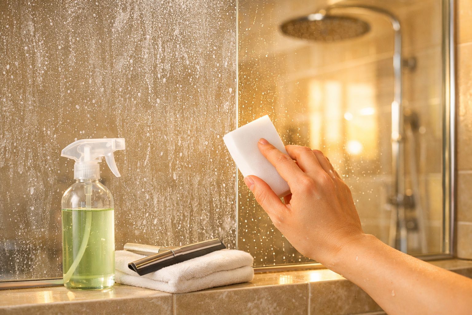 Mão a limpar espelho embaciado com esponja branca, spray de limpeza e toalha dobrada numa casa de banho.