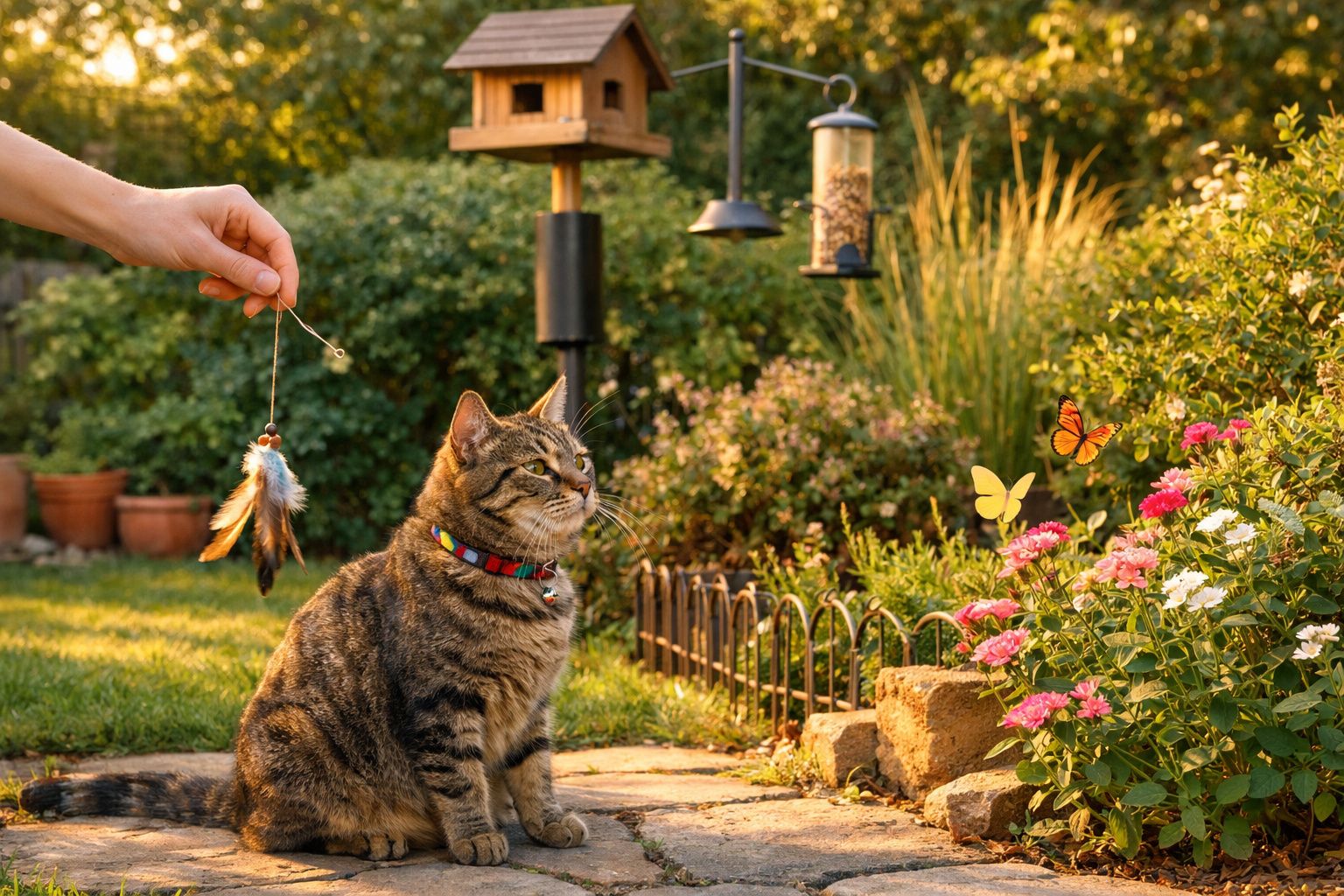 Gato listrado sentado no jardim a olhar para um brinquedo de penas à sua frente, com borboletas e flores ao fundo.