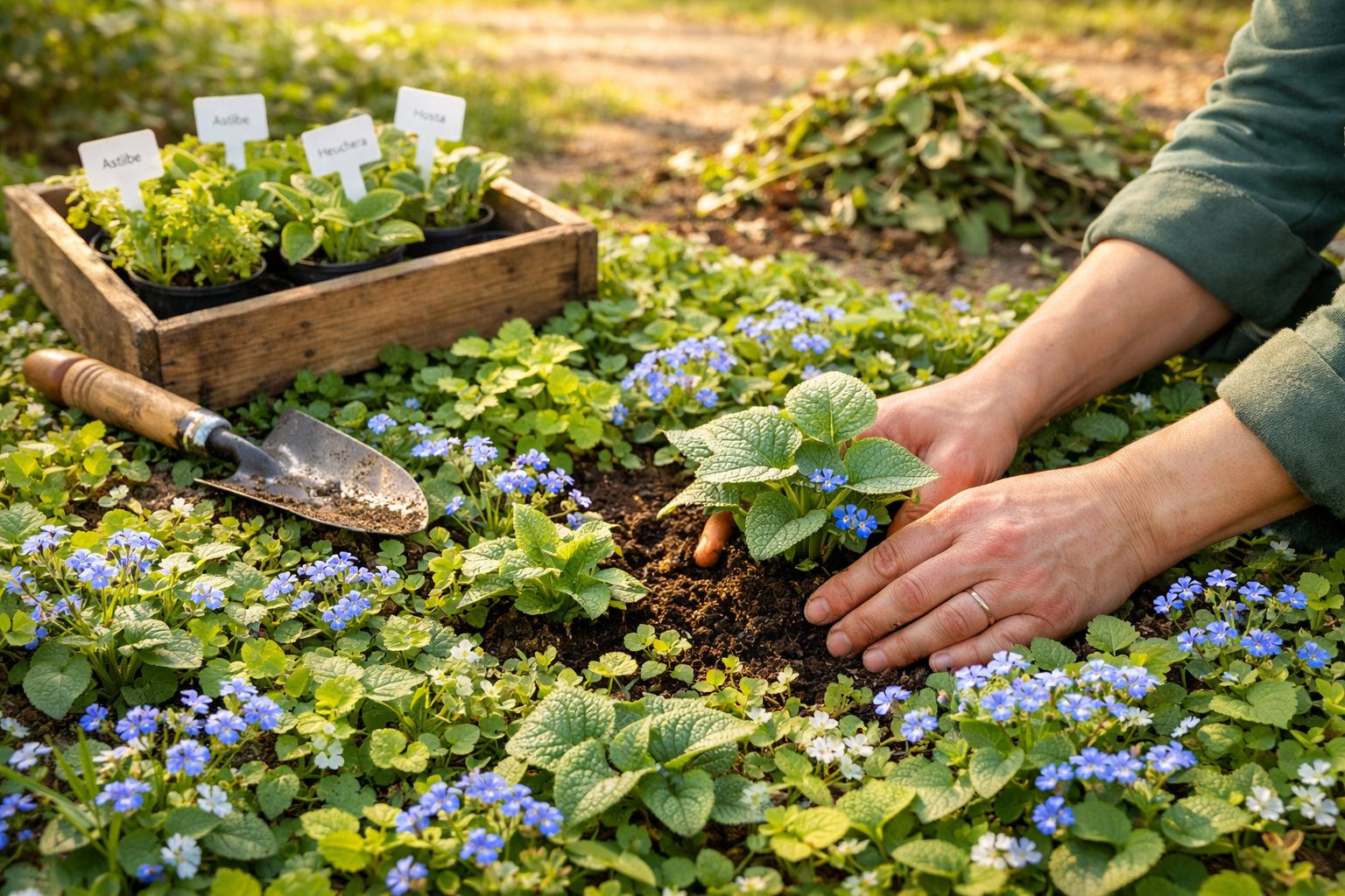 Pessoa a plantar flores azuis num canteiro, com ferramentas de jardinagem ao lado.