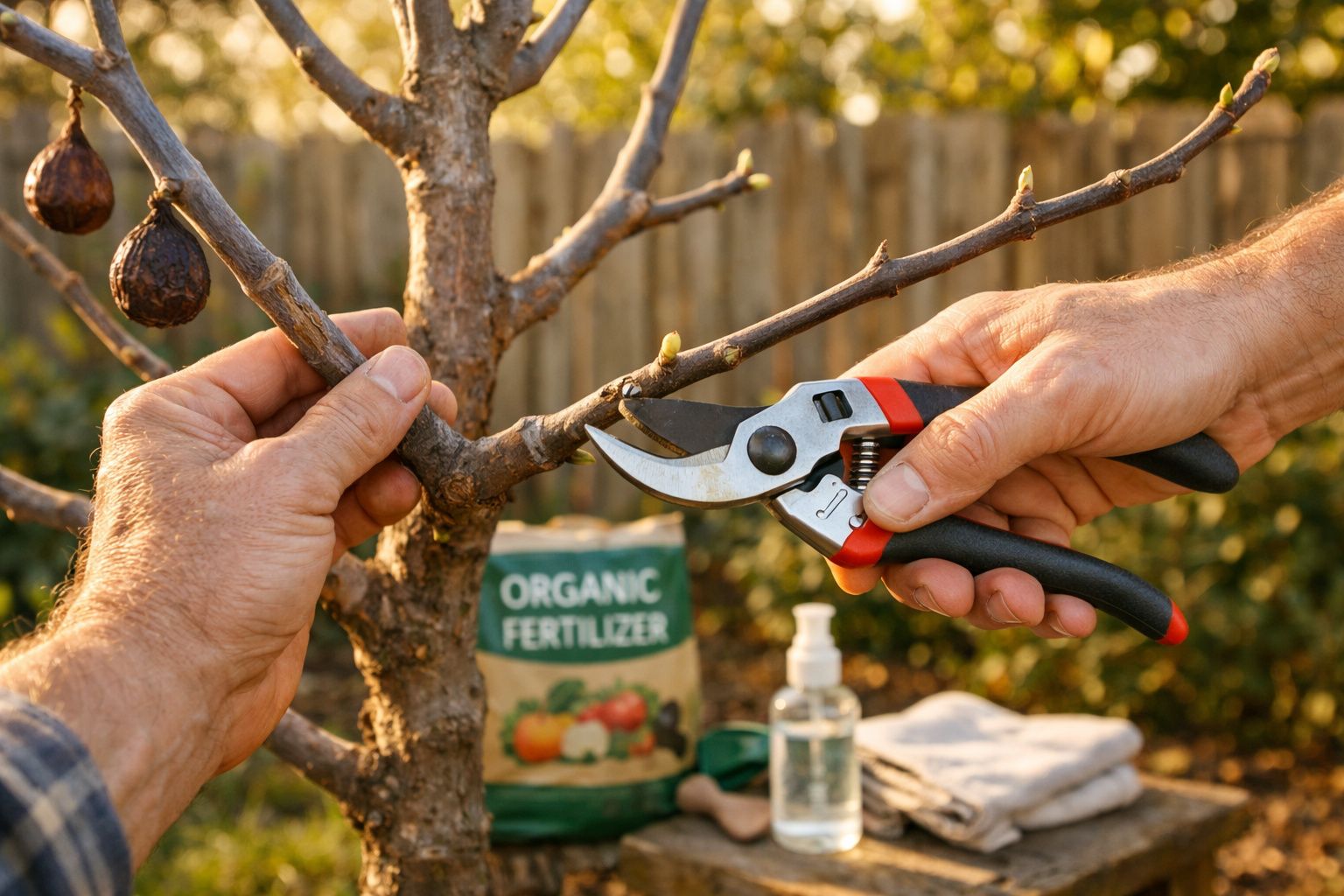 Pessoa a podar ramo de árvore com tesoura de poda, com fertilizante orgânico ao fundo.
