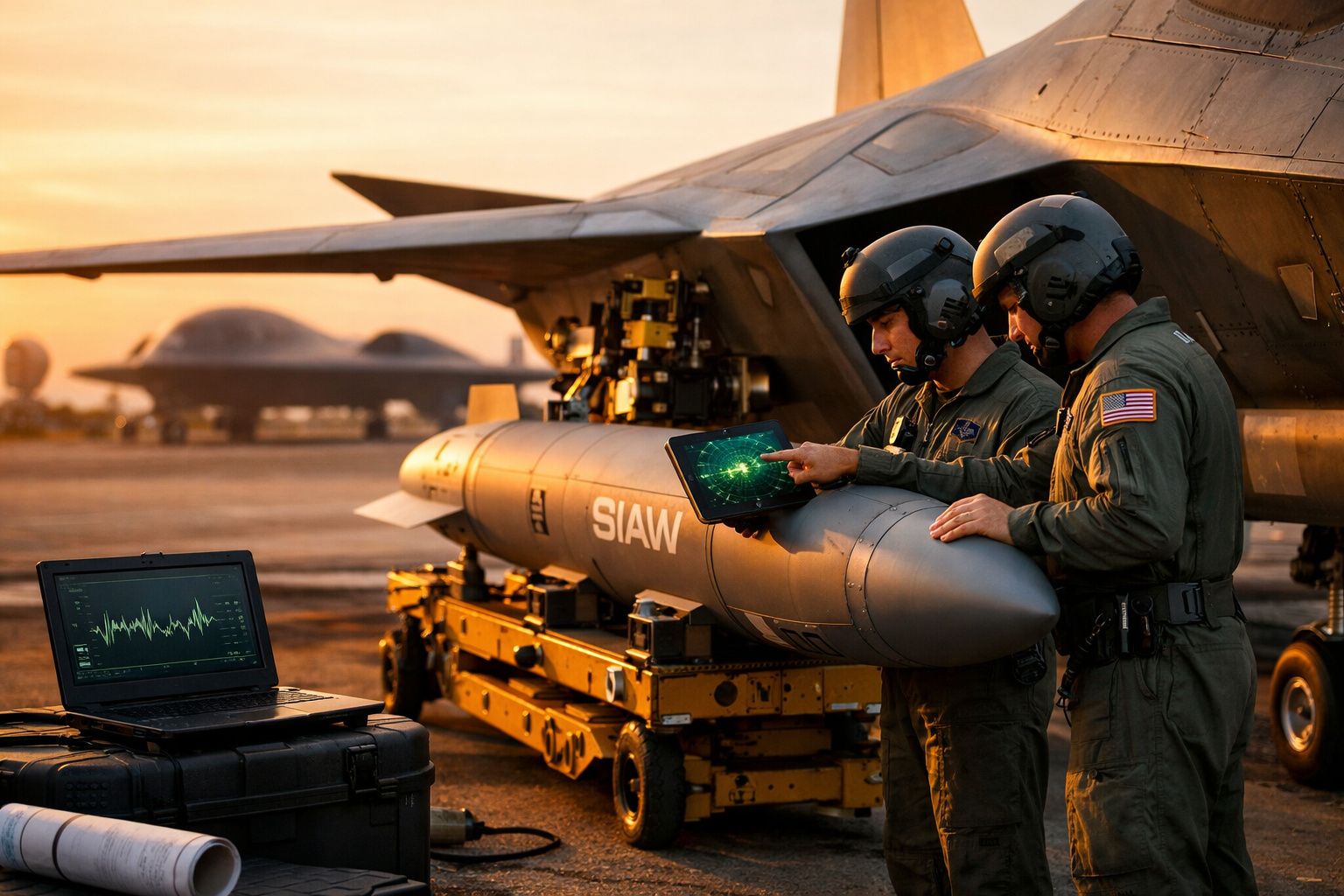 Dois militares com capacete analisam informações em tablets ao lado de um bombardeiro no aeroporto ao pôr do sol.