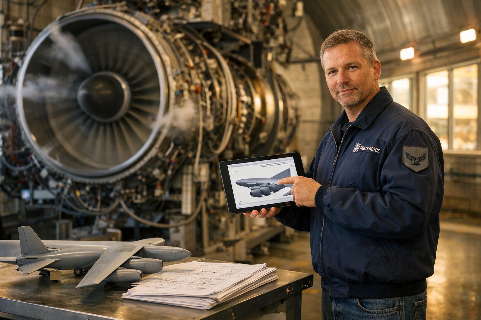 Homem em fato Rolls Royce mostra projeto de avião 3D num tablet perto de motor a jato num hangar.
