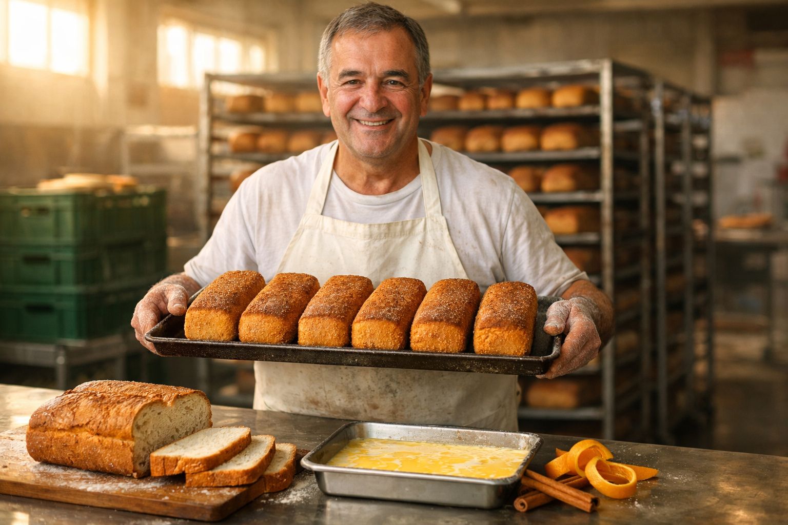 Padeiro sorridente a segurar tabuleiro com seis pães recém-saídos do forno numa padaria.