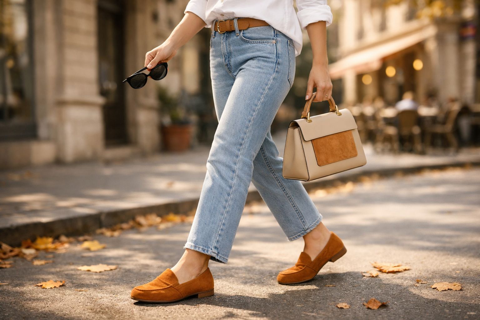 Pessoa a caminhar numa rua com jeans azuis, sapatos castanhos, bolsa bege e óculos de sol na mão.