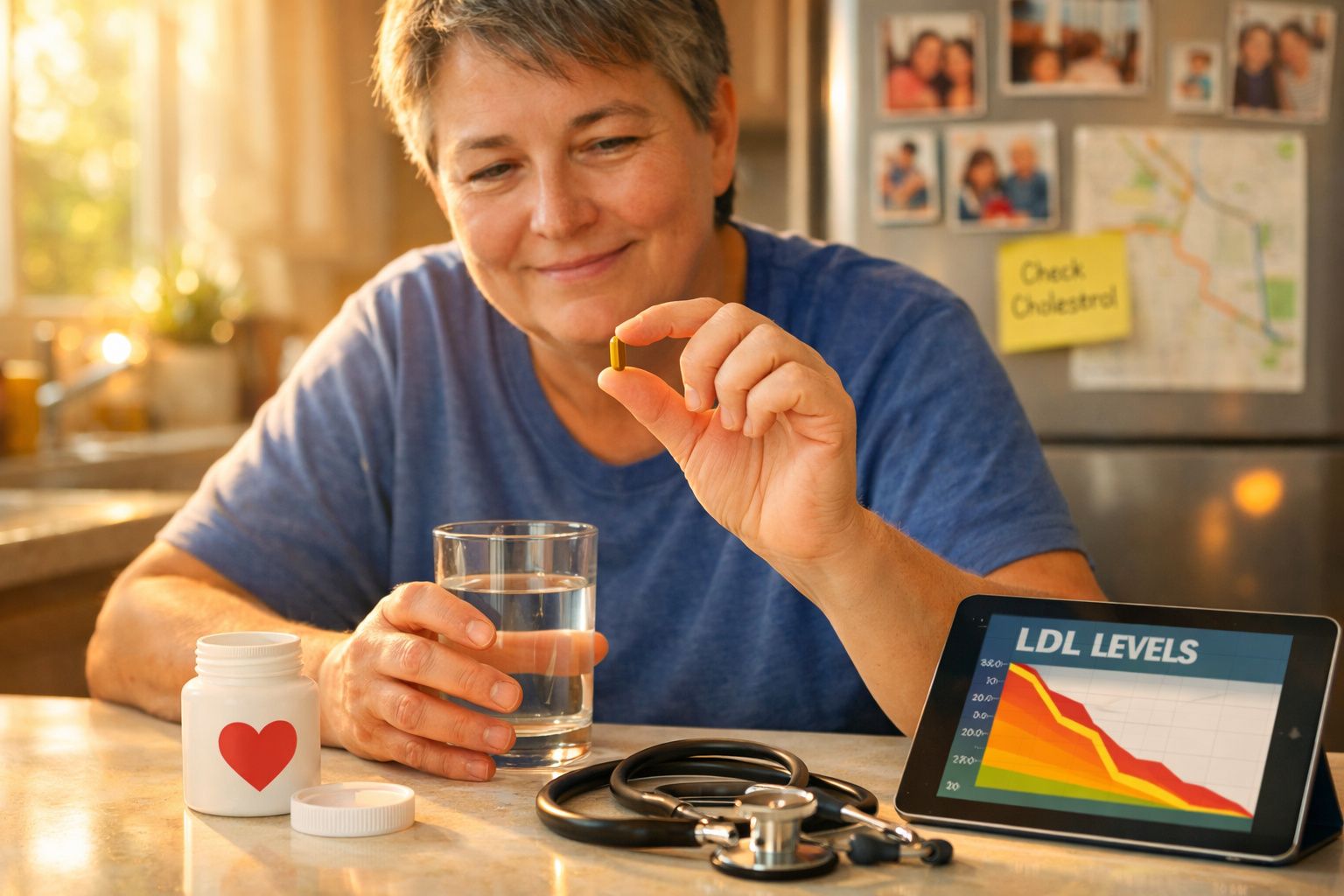 Mulher de meia-idade segurando comprimido e copo de água, com gráfico de níveis LDL e estetoscópio na mesa.