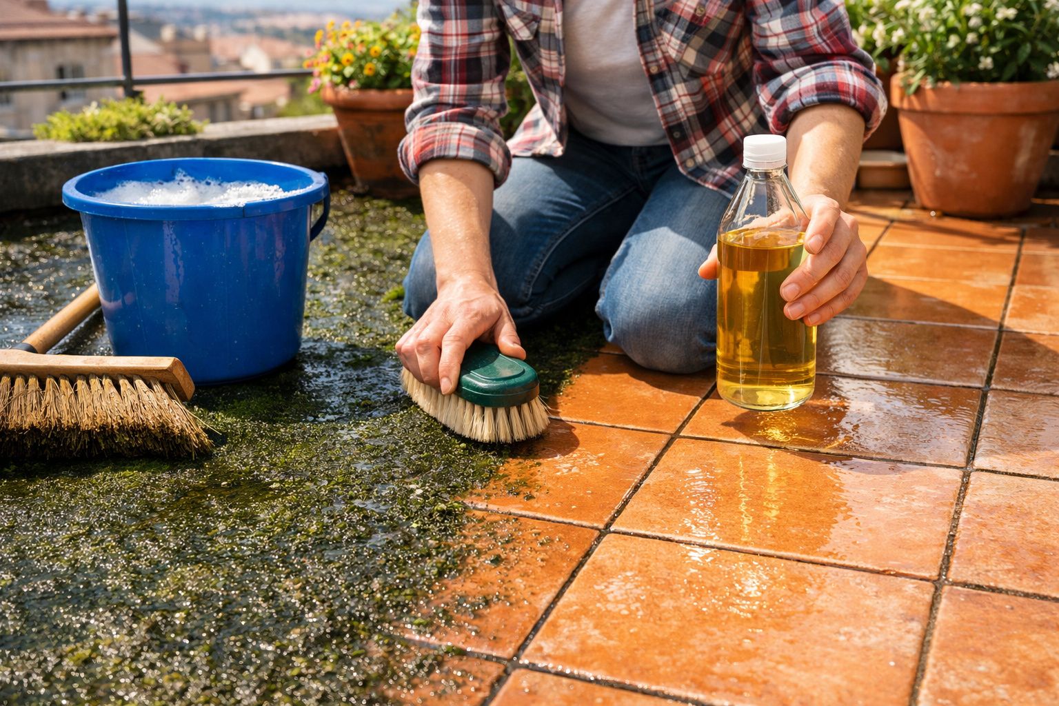 Pessoa a esfregar azulejos exteriores com escova e detergente, ao lado de balde azul com água e esponja.