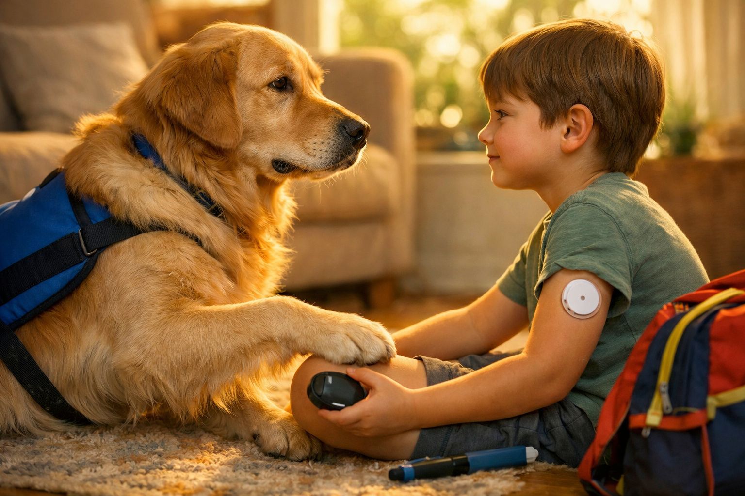 Cão de assistência a dar a pata a menino com dispositivo médico no braço, ambiente acolhedor em casa.