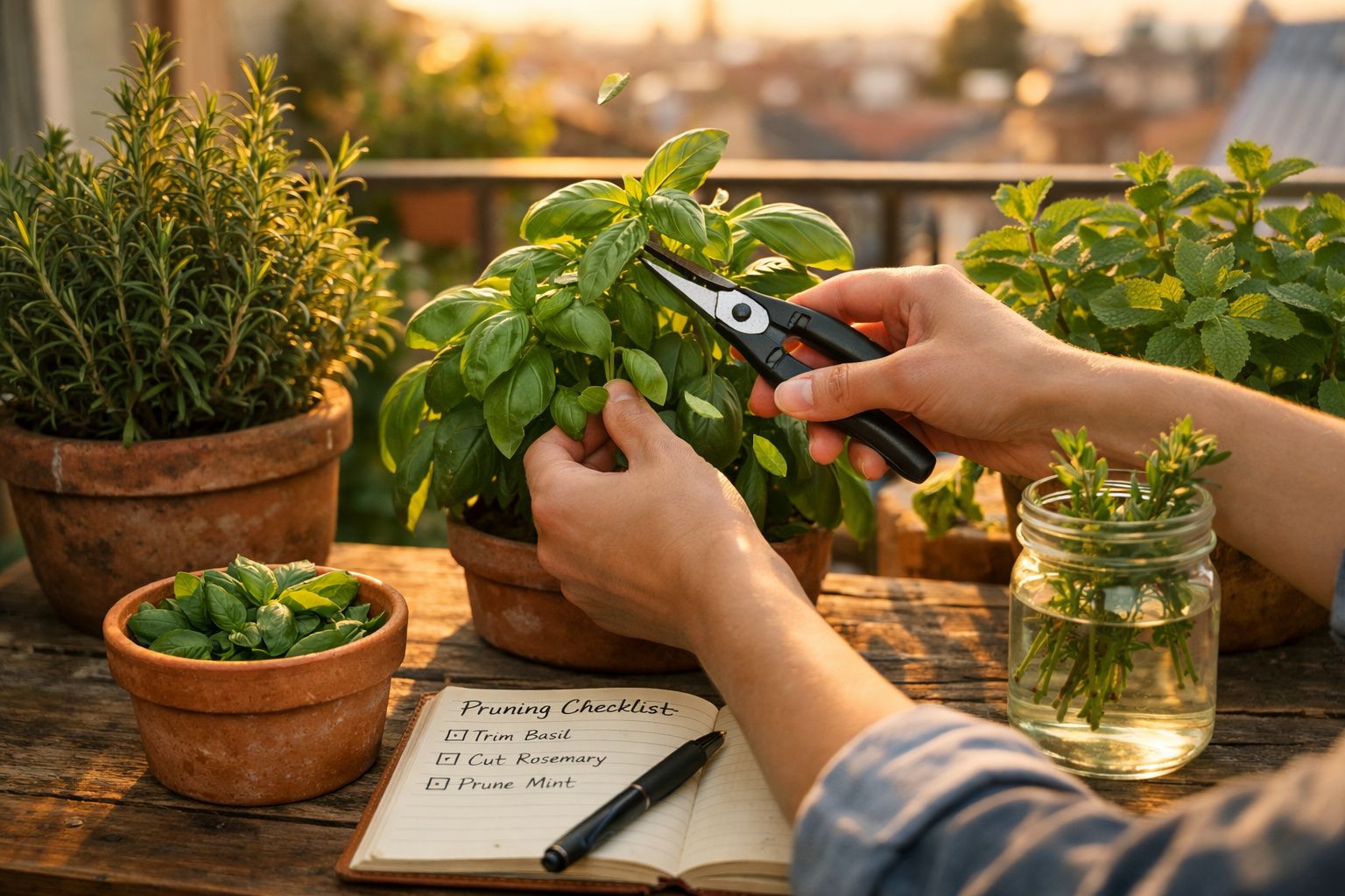 Mãos a podar manjericão em vaso, com plantas em vasos e lista de podas sobre mesa de madeira.