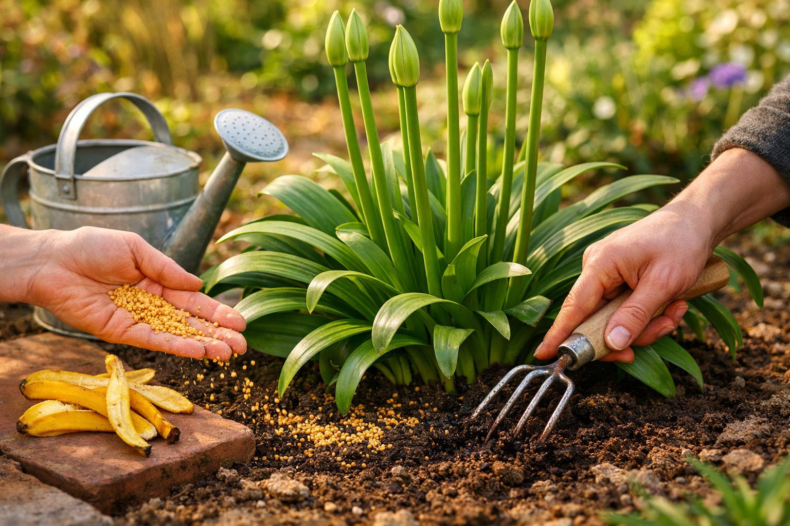 Mãos a preparar o solo para plantas com sementes, sementes e cascas de banana, regador e plantas verdes.