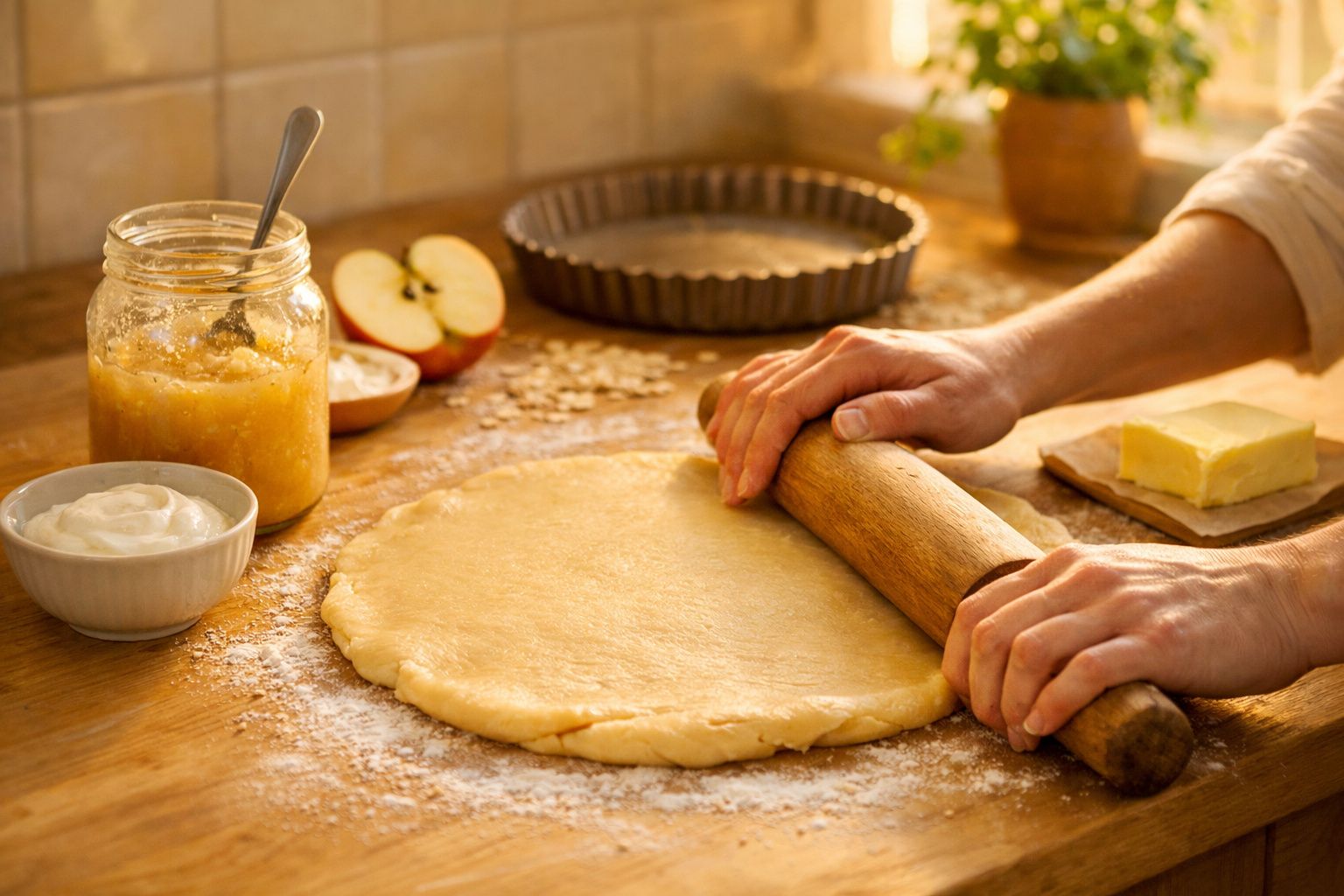 Pessoa a estender massa com rolo numa bancada com manteiga, açúcar, maçã e forma para tarte ao fundo.