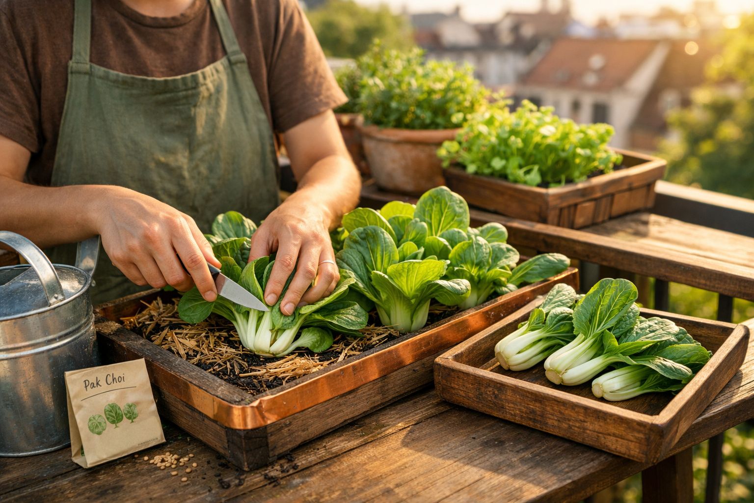 Pessoa a colher pak choi num jardim urbano com plantas em vasos de madeira ao ar livre ao pôr do sol.
