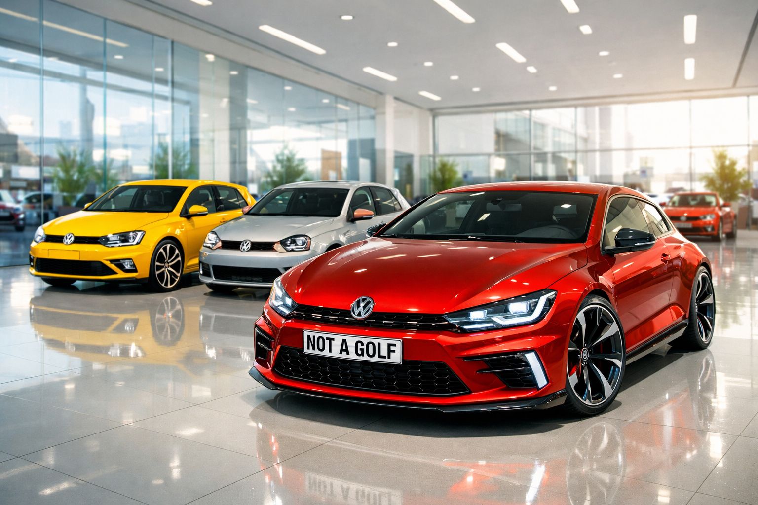 Carros Volkswagen Golf vermelhos, cinza e amarelos expostos numa sala de showroom moderna e iluminada.