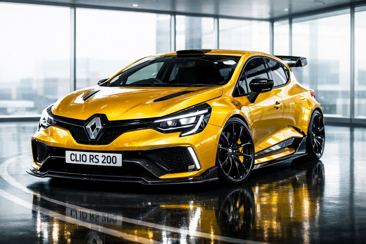 Carro desportivo Renault Clio RS 200 amarelo brilhante em ambiente interior brilhante e moderno.