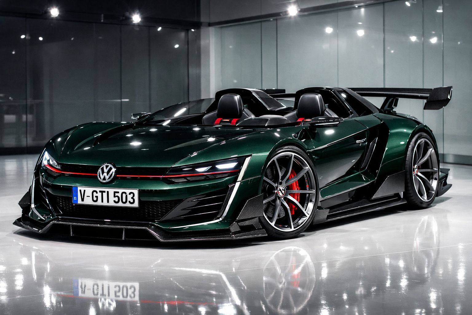 Carro desportivo Volkswagen descapotável verde escuro com detalhes em vermelho e spoiler traseiro, em ambiente moderno e ilum