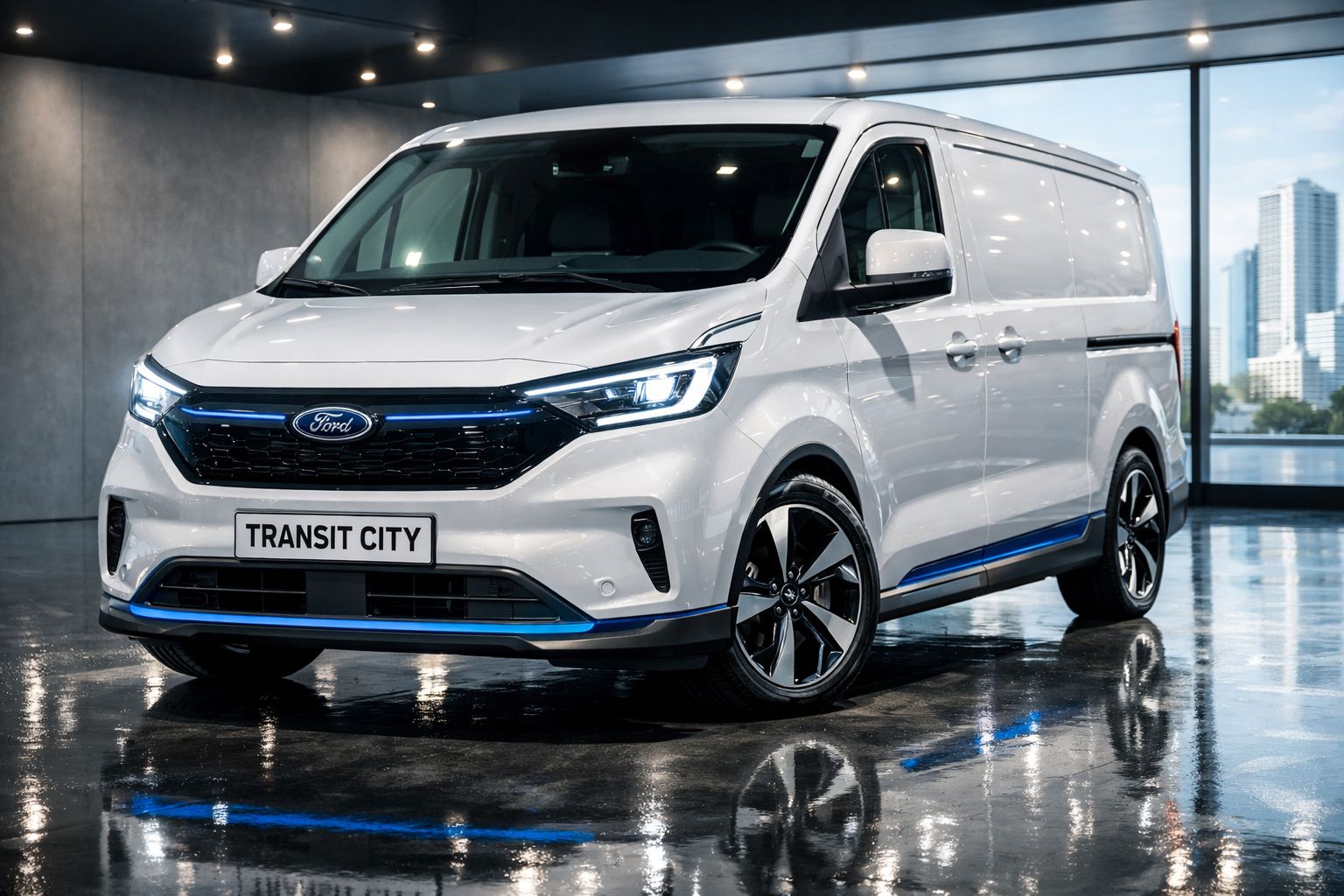 Furgão Ford Transit City branco estacionado em piso brilhante dentro de sala com janelas grandes.