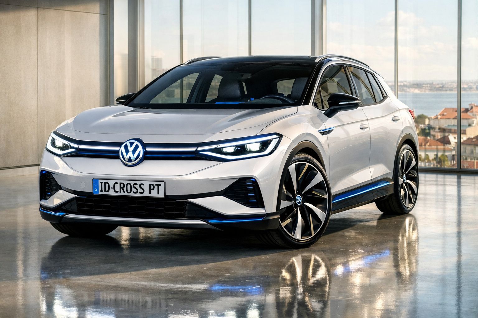 Carro elétrico Volkswagen ID.4 Cross branco estacionado numa garagem com janelas panorâmicas.