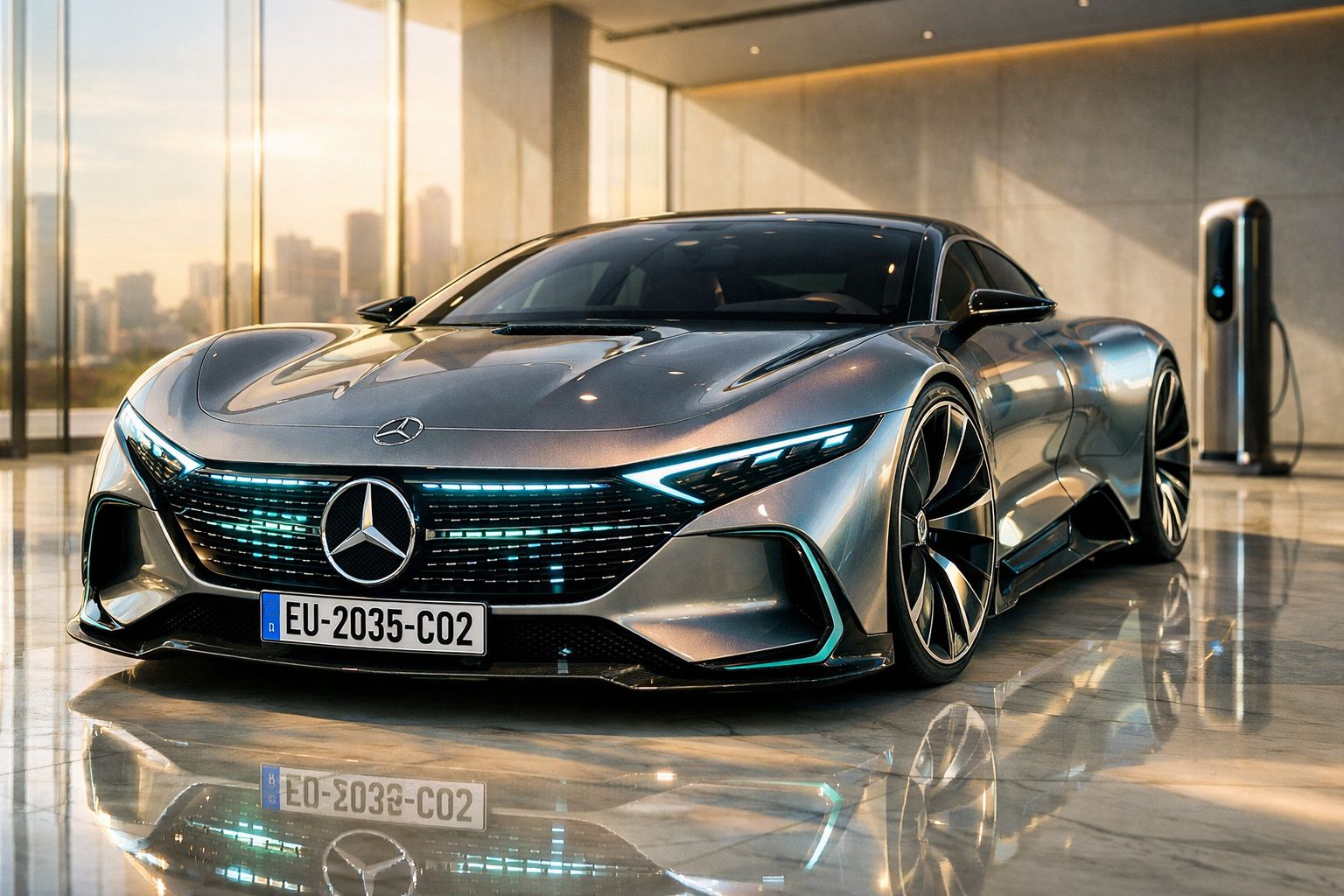 Carro elétrico desportivo Mercedes-Benz cinzento, futurista, estacionado em espaço moderno com estação de carregamento.