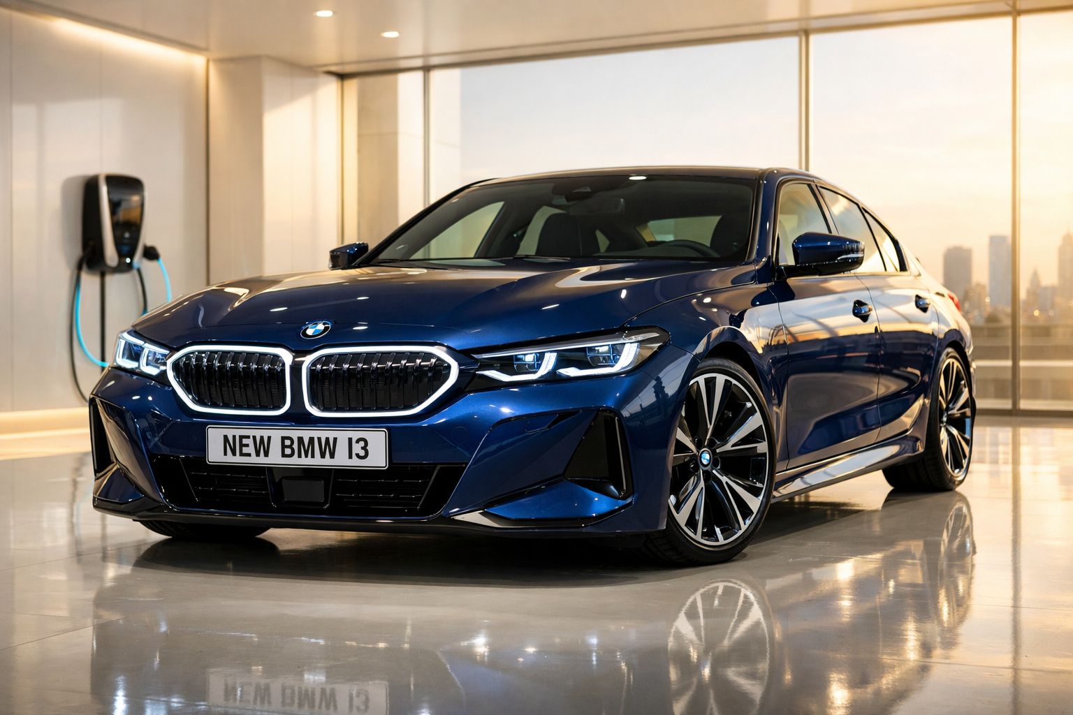 Automóvel BMW I3 azul metálico estacionado em interior com grande janela e carregador elétrico.