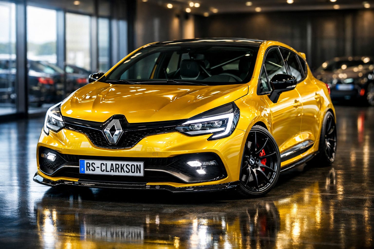 Carro desportivo Renault amarelo brilhante estacionado em piso interior refletivo, com jantes pretas e faróis acesos.