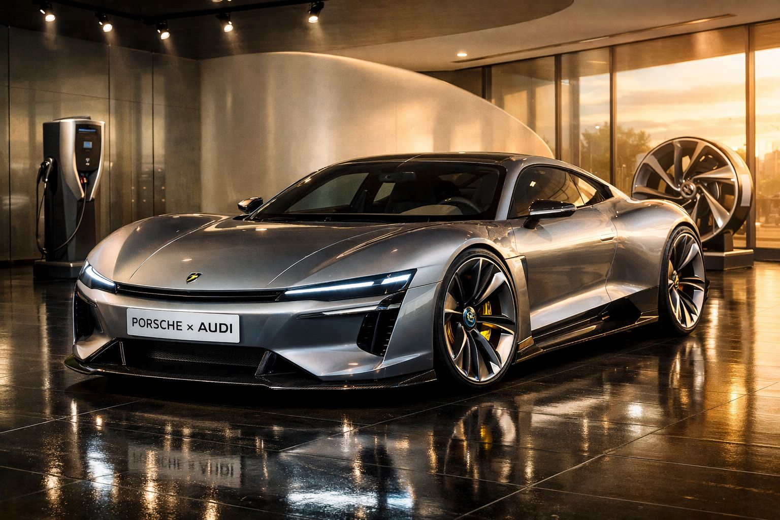Carro desportivo elétrico cinza Porsche x Audi estacionado num showroom moderno com luz ambiente quente.
