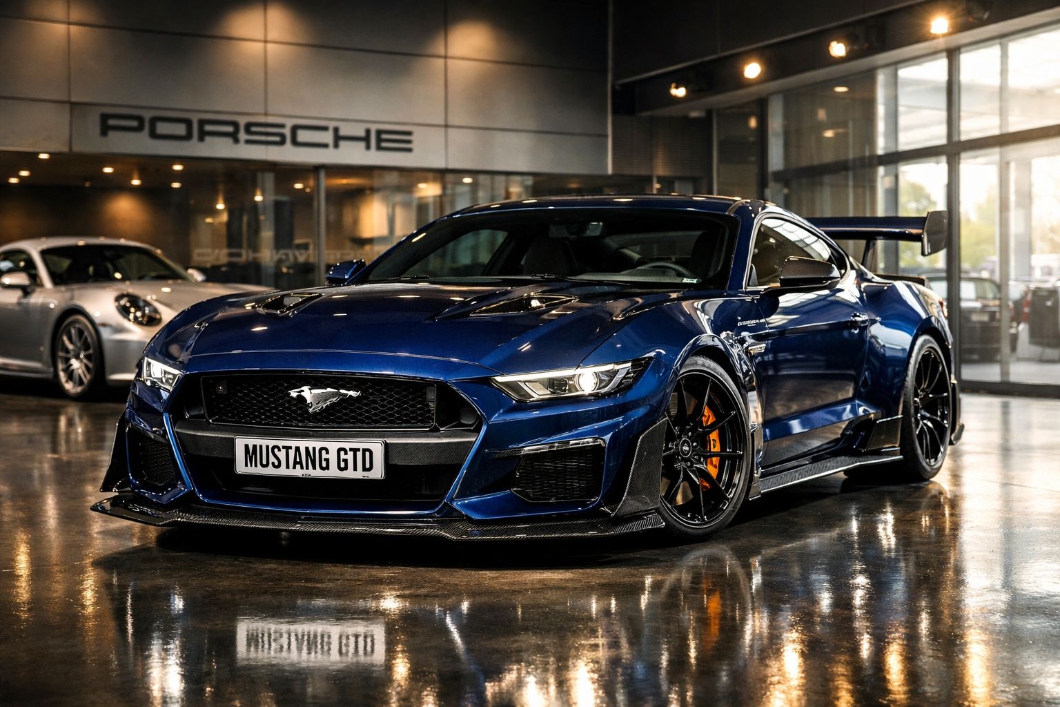 Carro desportivo azul Ford Mustang GTD em destaque numa garagem com chão brilhante e luz natural.