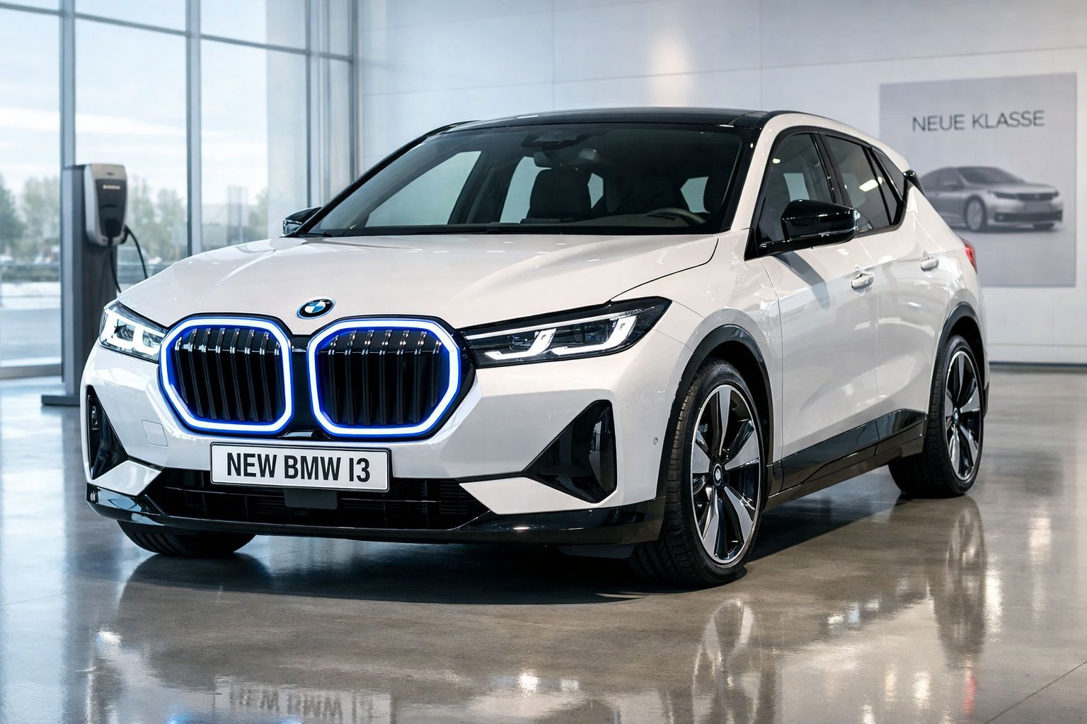 Carro elétrico BMW i3 branco em exposição numa sala moderna com iluminação natural.