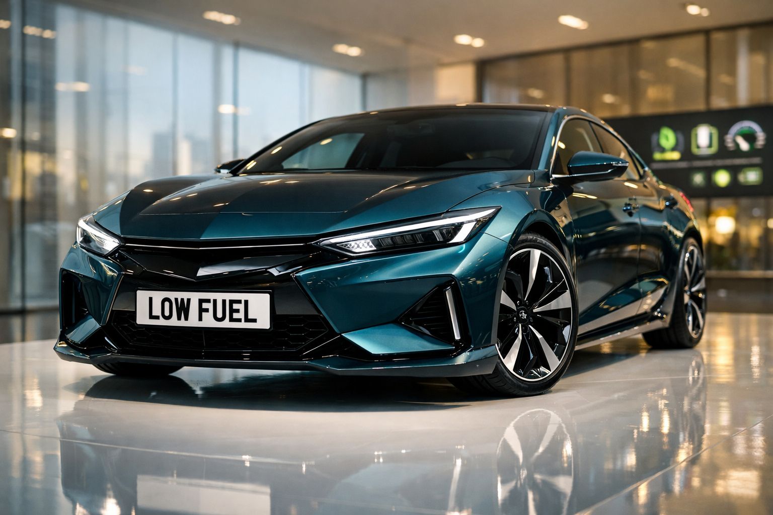 Carro moderno desportivo de cor azul escura com matrícula "LOW FUEL" em ambiente interno iluminado.