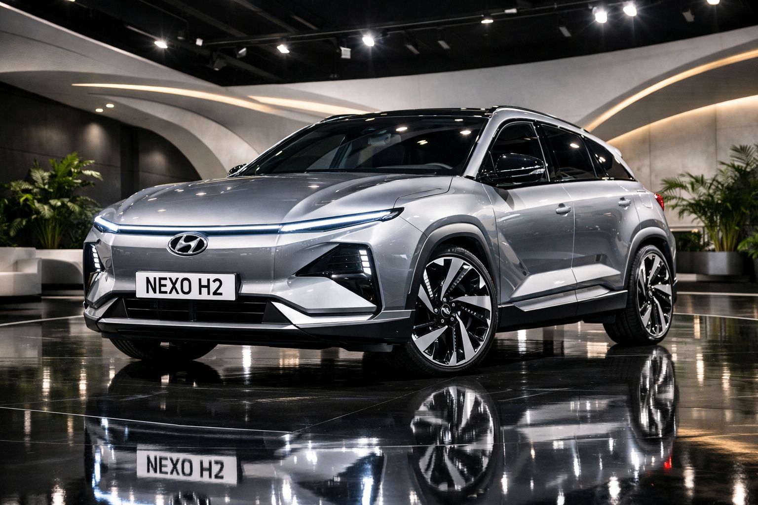 SUV elétrico Hyundai Nexo H2 cinzento estacionado em ambiente moderno e sofisticado.