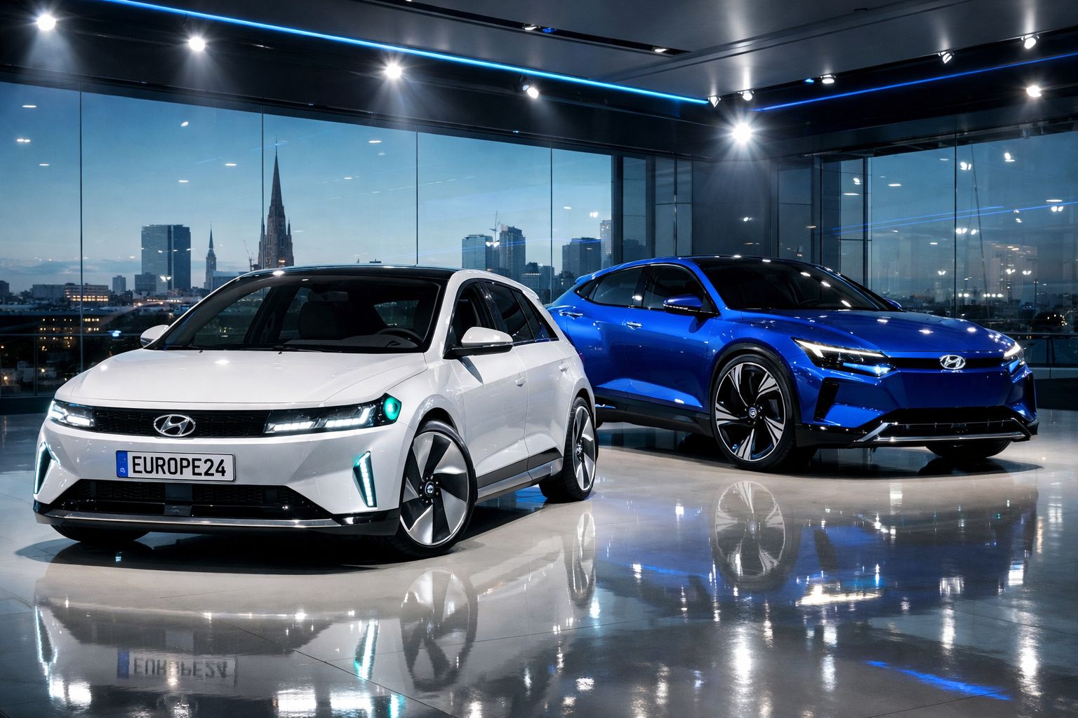 Dois carros elétricos Hyundai modernos, um branco e um azul, exibidos numa sala com vista para a cidade à noite.