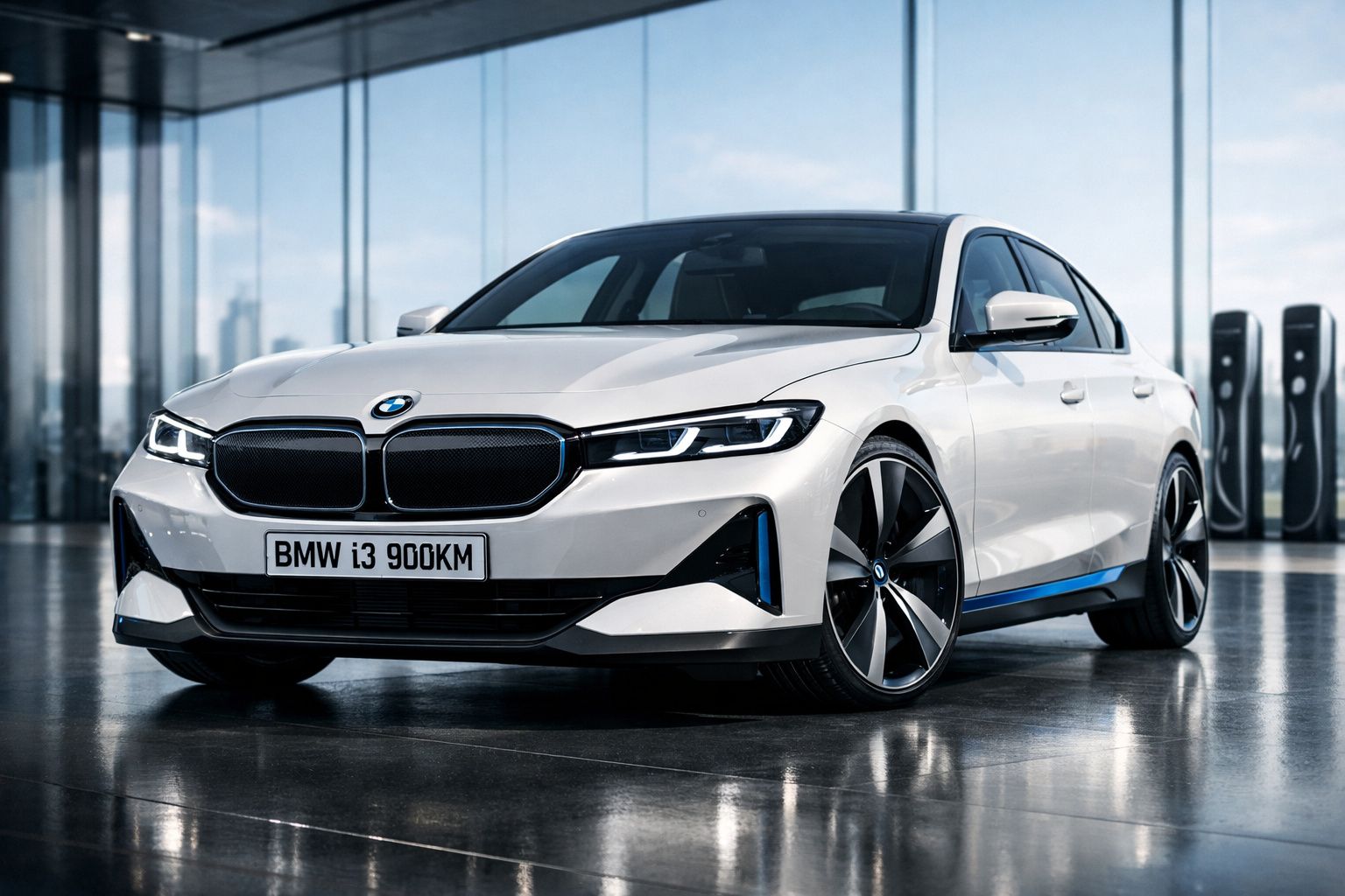 Carro elétrico BMW i3 900KM branco estacionado em piso refletor com carregadores elétricos ao fundo.